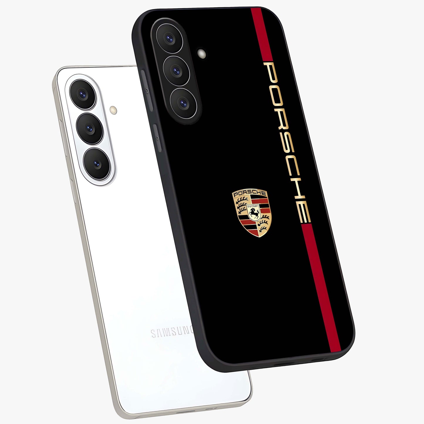 Black Minimal Porsche Glass Case displayed in angled mockup highlighting modern minimal car illustration and clean aesthetic design.
