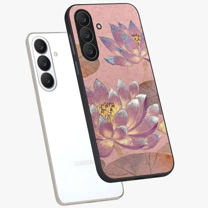 Blossom Mist Lotus Glass Case displayed in angled mockup highlighting delicate lotus illustration with calm aesthetic theme.