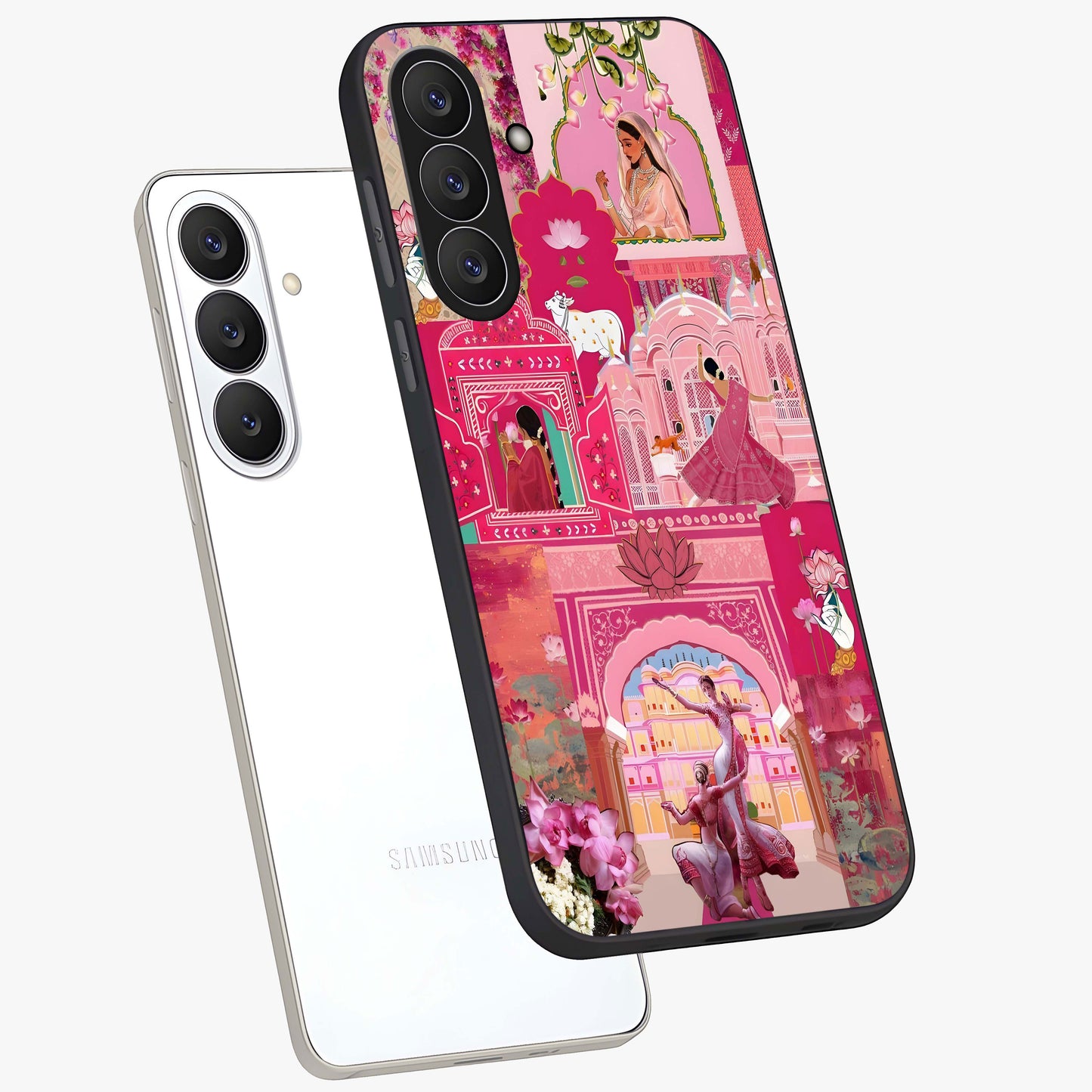 Blossoms of Rajasthan Glass Case displayed in angled mockup highlighting vibrant floral pattern with cultural aesthetic style.