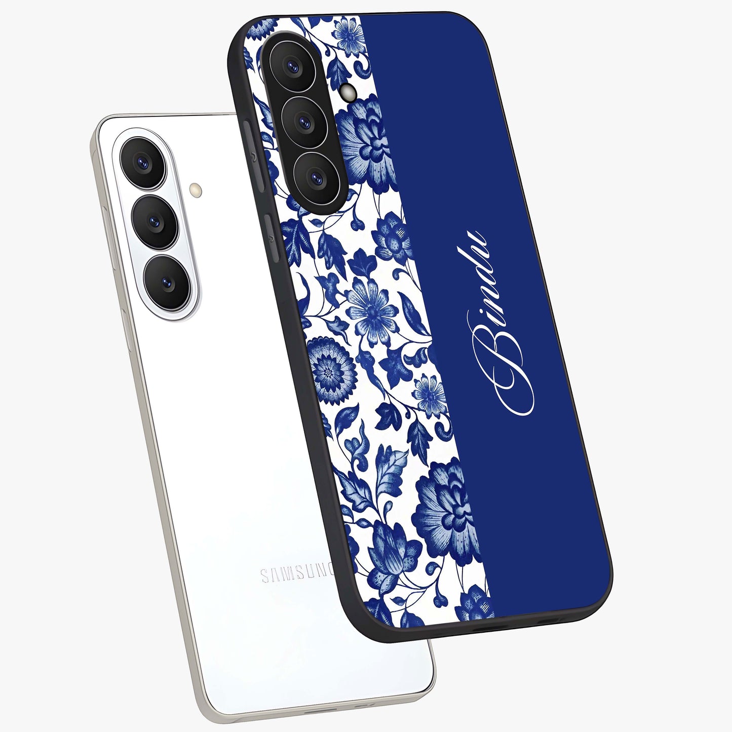 Blue Vintage Floral Pattern Glass Case displayed in angled mockup highlighting subtle bloom pattern with aesthetic pastel design.