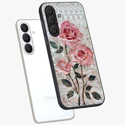 Blush Mosaic Bloom Glass Case displayed in angled mockup highlighting artistic mosaic flower pattern with aesthetic design.