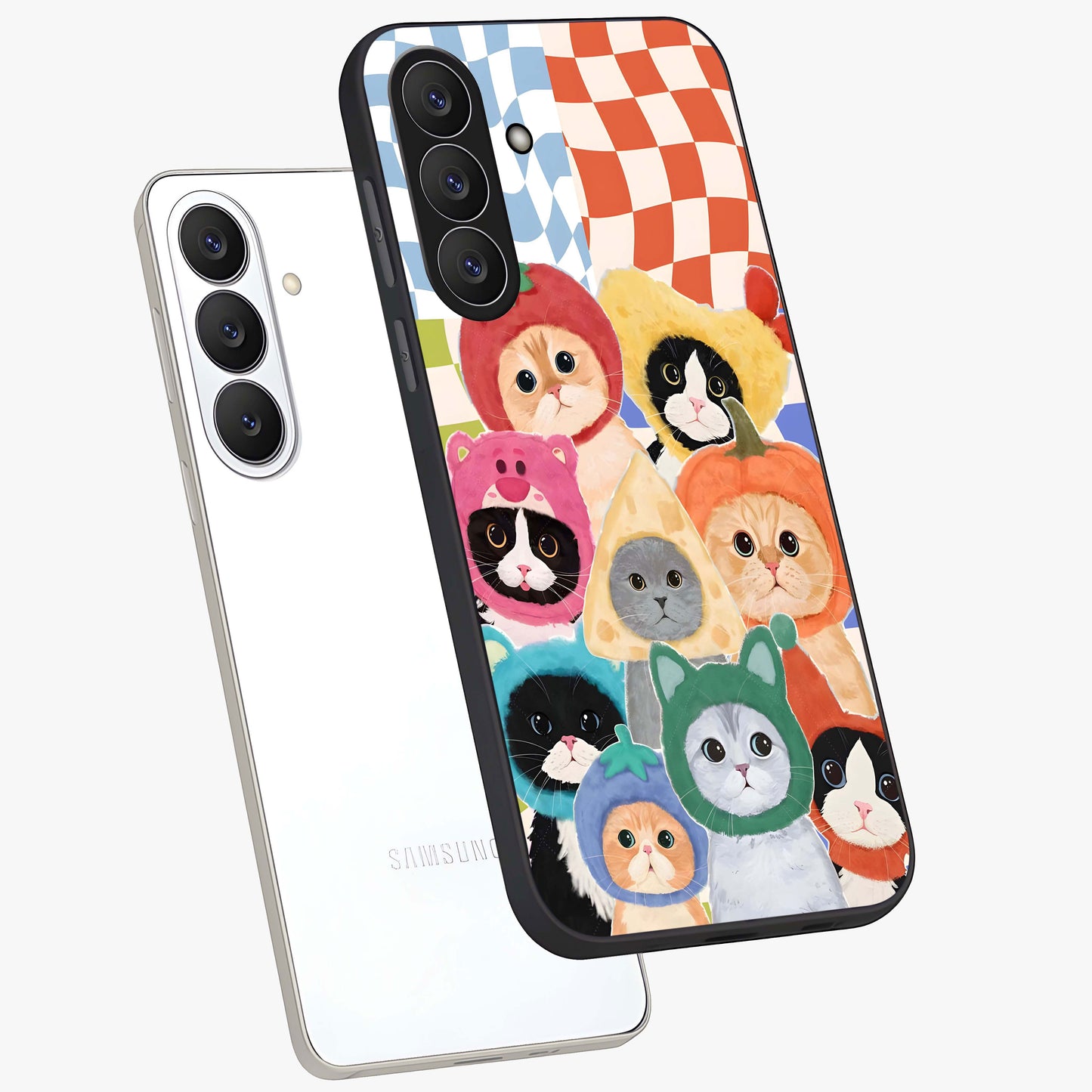 Cats in Fruits Glass Case displayed in angled mockup highlighting cute feline fruit design with colorful aesthetic style.