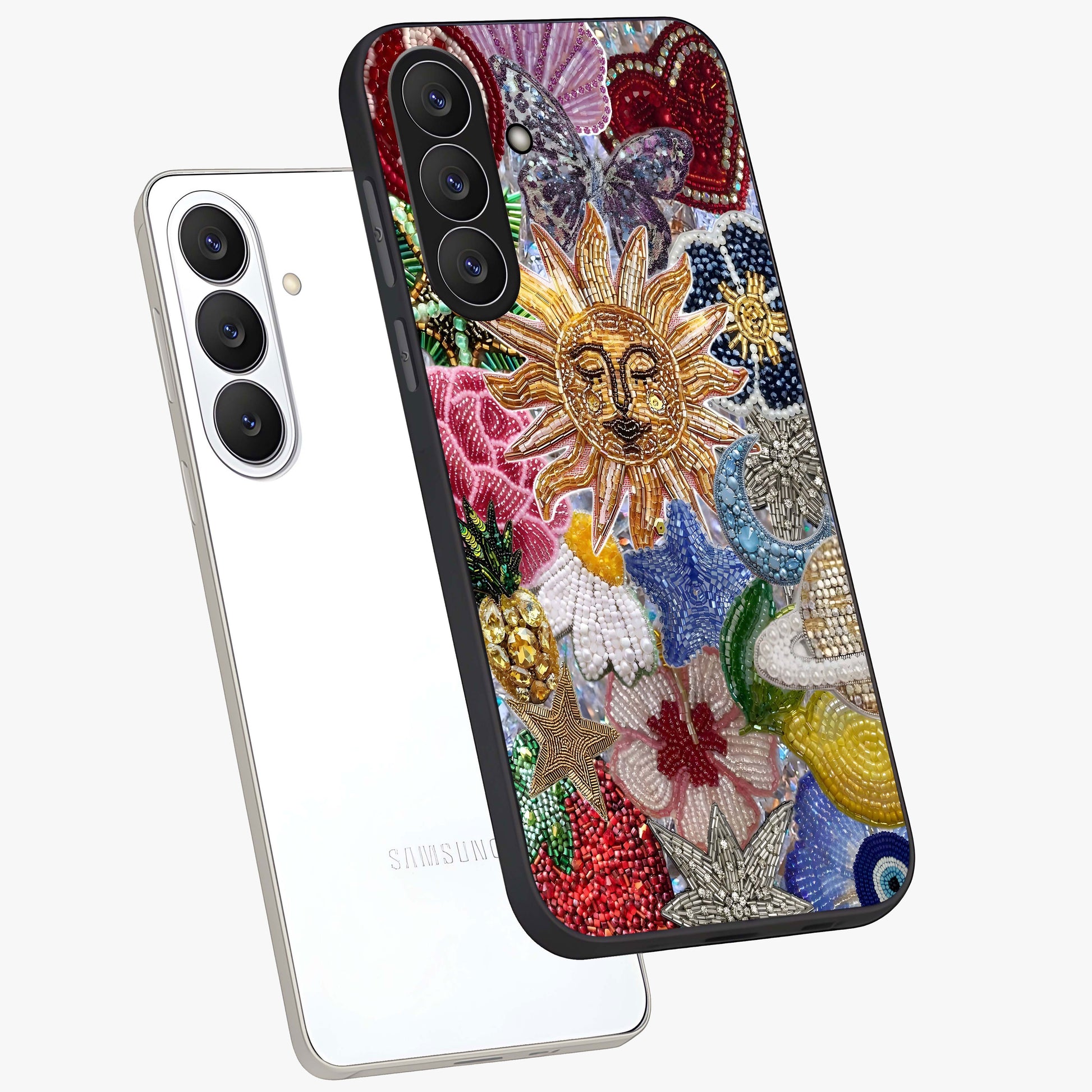 Celestial Floral and Playful Glass Case displayed in angled mockup highlighting playful floral design with dreamy celestial elements.