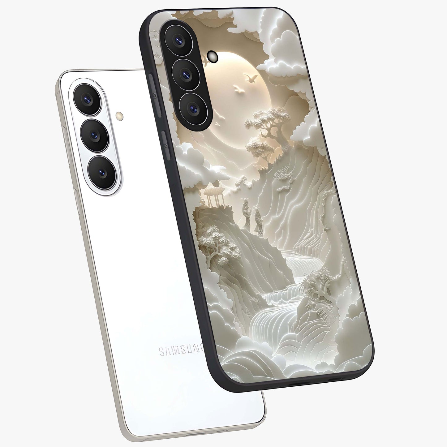 Celestial Origami Glass Case displayed in angled mockup highlighting geometric origami design with cosmic aesthetic theme.