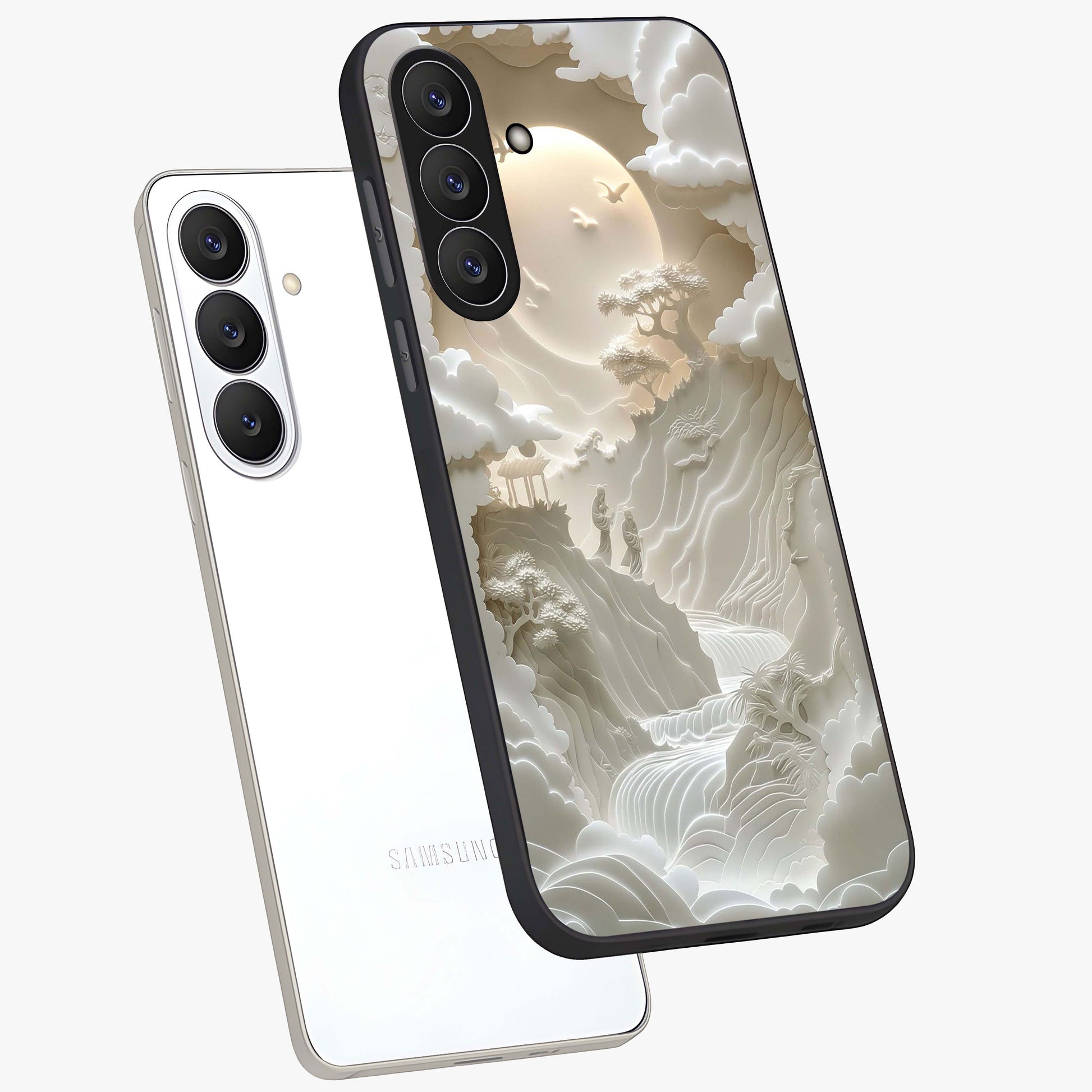 Celestial Origami Glass Case displayed in angled mockup highlighting geometric origami design with cosmic aesthetic theme.