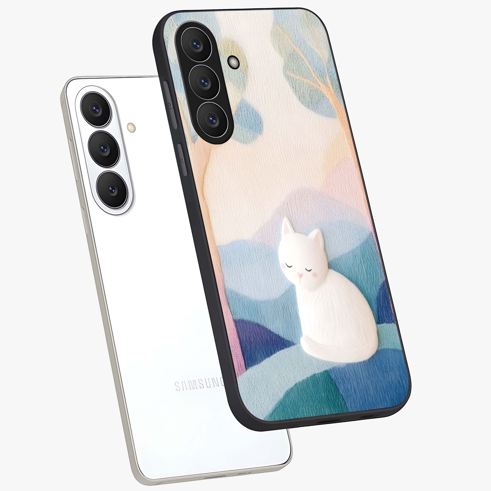 Cotton Dream Cat Glass Case displayed in angled mockup highlighting cute feline illustration with pastel aesthetic style.