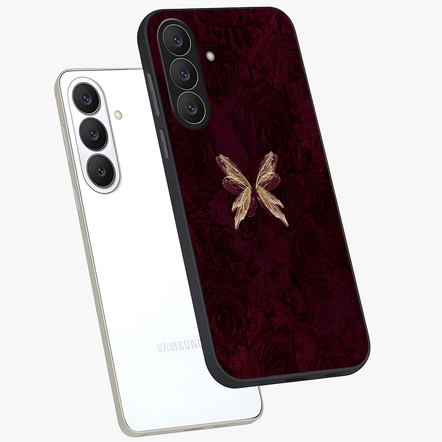 Crimson Fade Butterfly Glass Case displayed in angled mockup highlighting elegant butterfly design with crimson gradient aesthetic.