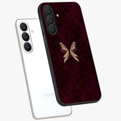 Crimson Fade Butterfly Glass Case displayed in angled mockup highlighting elegant butterfly design with crimson gradient aesthetic.