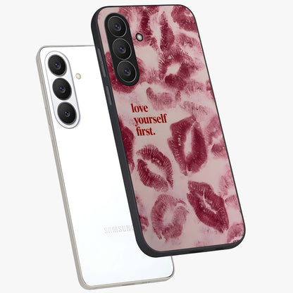 Crimson Kiss Love Glass Case displayed in angled mockup highlighting bold love inspired design with modern aesthetic style.