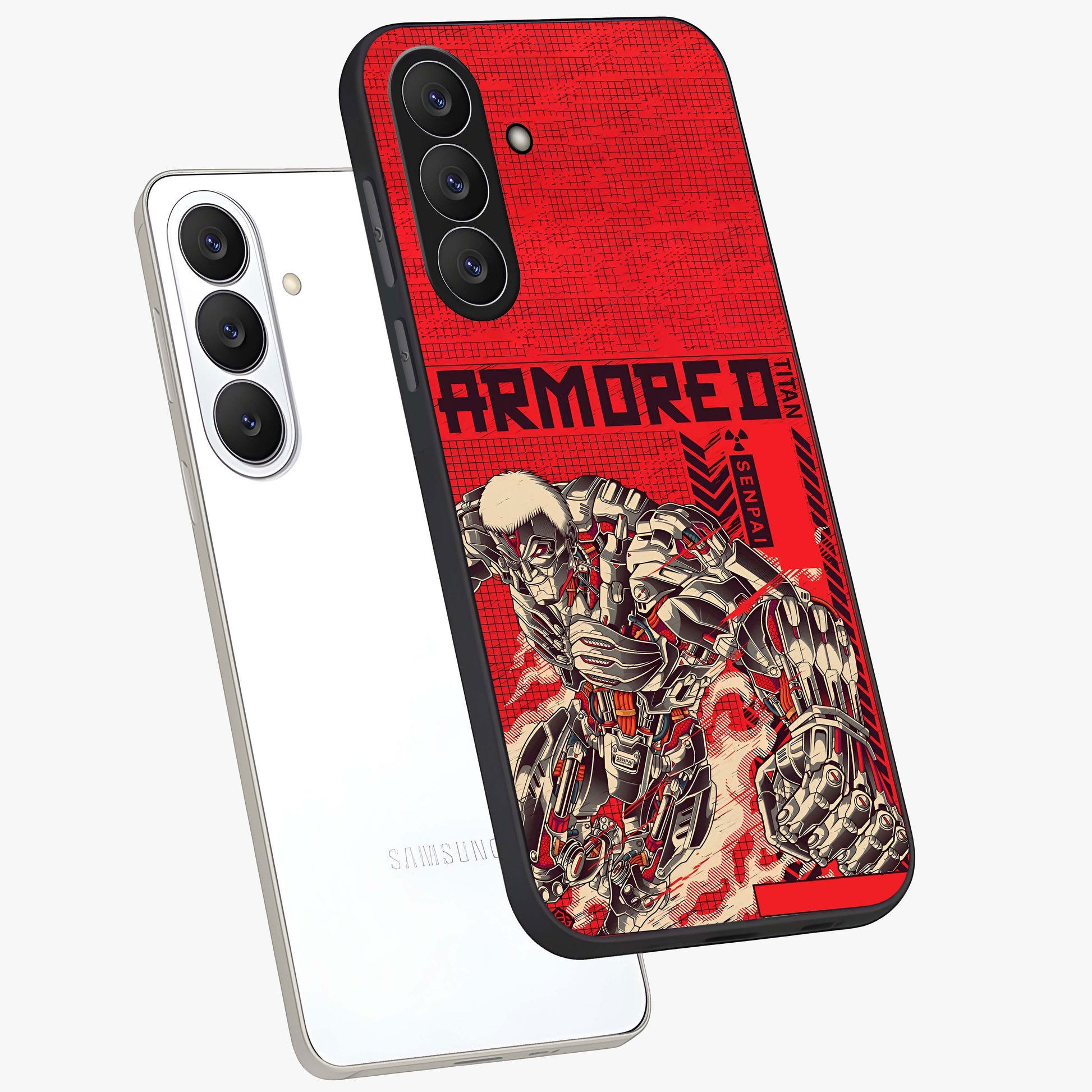 Crimson Mecha Titan Glass Case displayed in angled mockup highlighting futuristic mech illustration with bold crimson aesthetic.