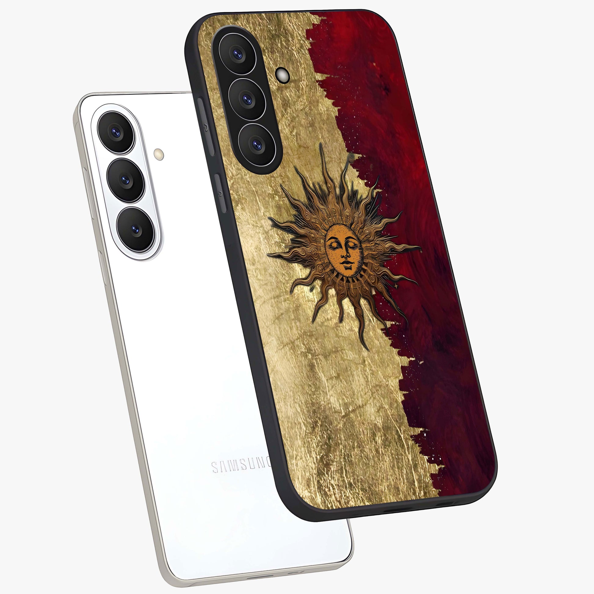 Crimson Sun Majesty Glass Case displayed in angled mockup highlighting majestic crimson sun design with bold aesthetic style.