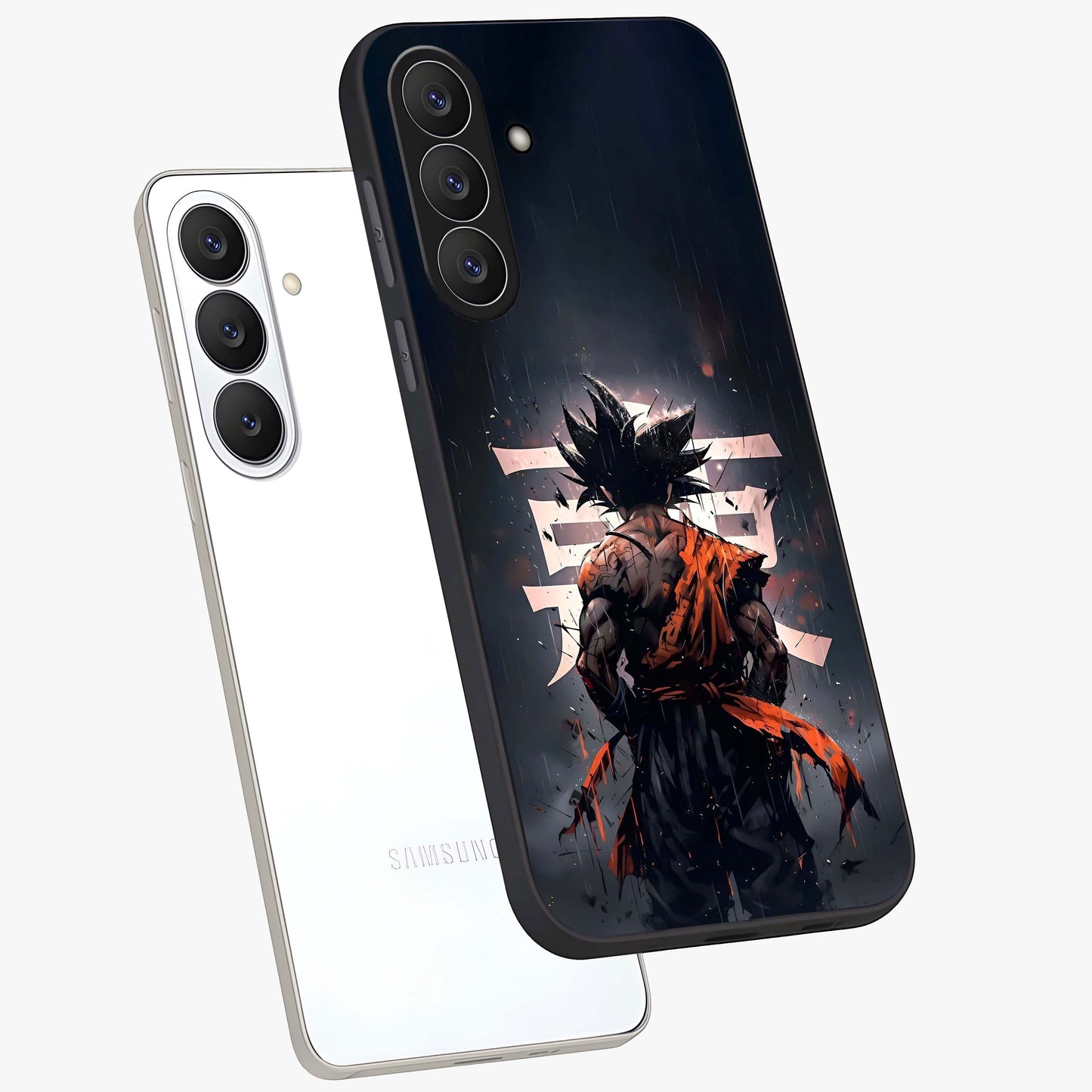 Dark Warrior In Rain Glass Case displayed in angled mockup highlighting dramatic warrior illustration with dark rain aesthetic.