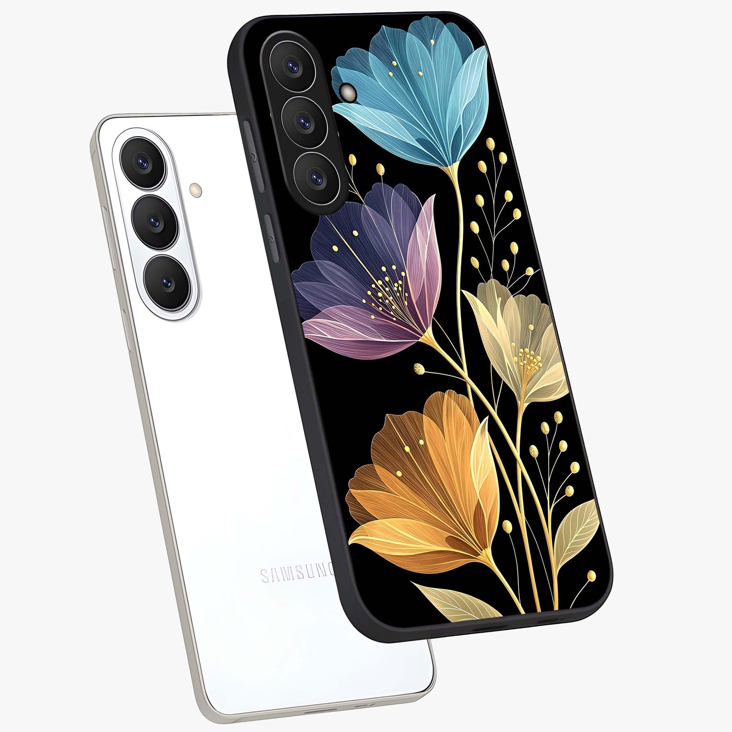 Delicate Multicolor Flowers Glass Case displayed in angled mockup highlighting colorful flower pattern with soft aesthetic style.