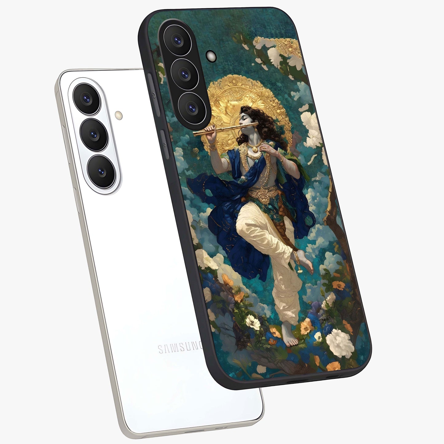 Divine Krishna Art Glass Case displayed in angled mockup highlighting spiritual Krishna illustration with devotional aesthetic.