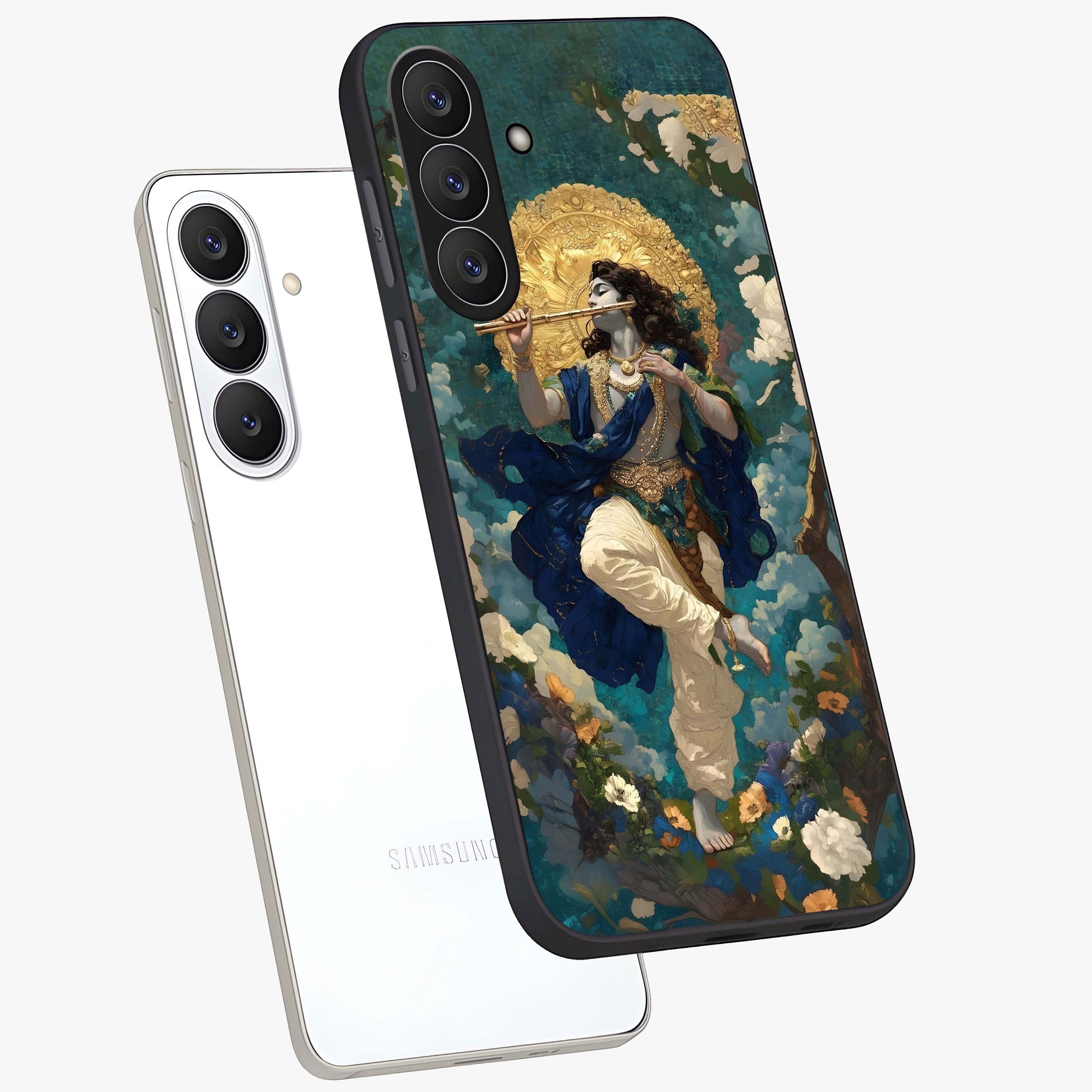 Divine Krishna Art Glass Case displayed in angled mockup highlighting spiritual Krishna illustration with devotional aesthetic.