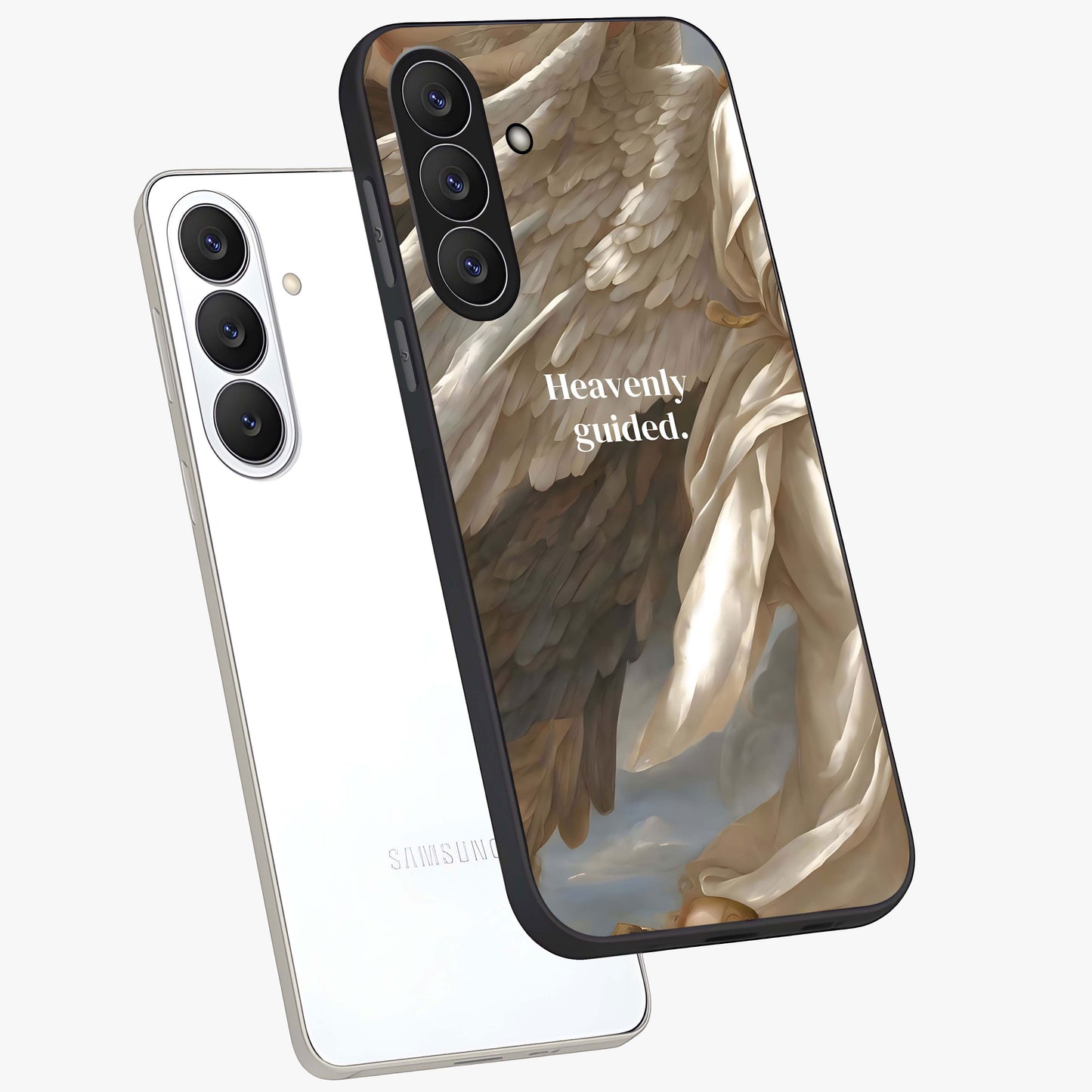 Divine Winged Grace Glass Case displayed in angled mockup highlighting graceful wing design with divine aesthetic style.