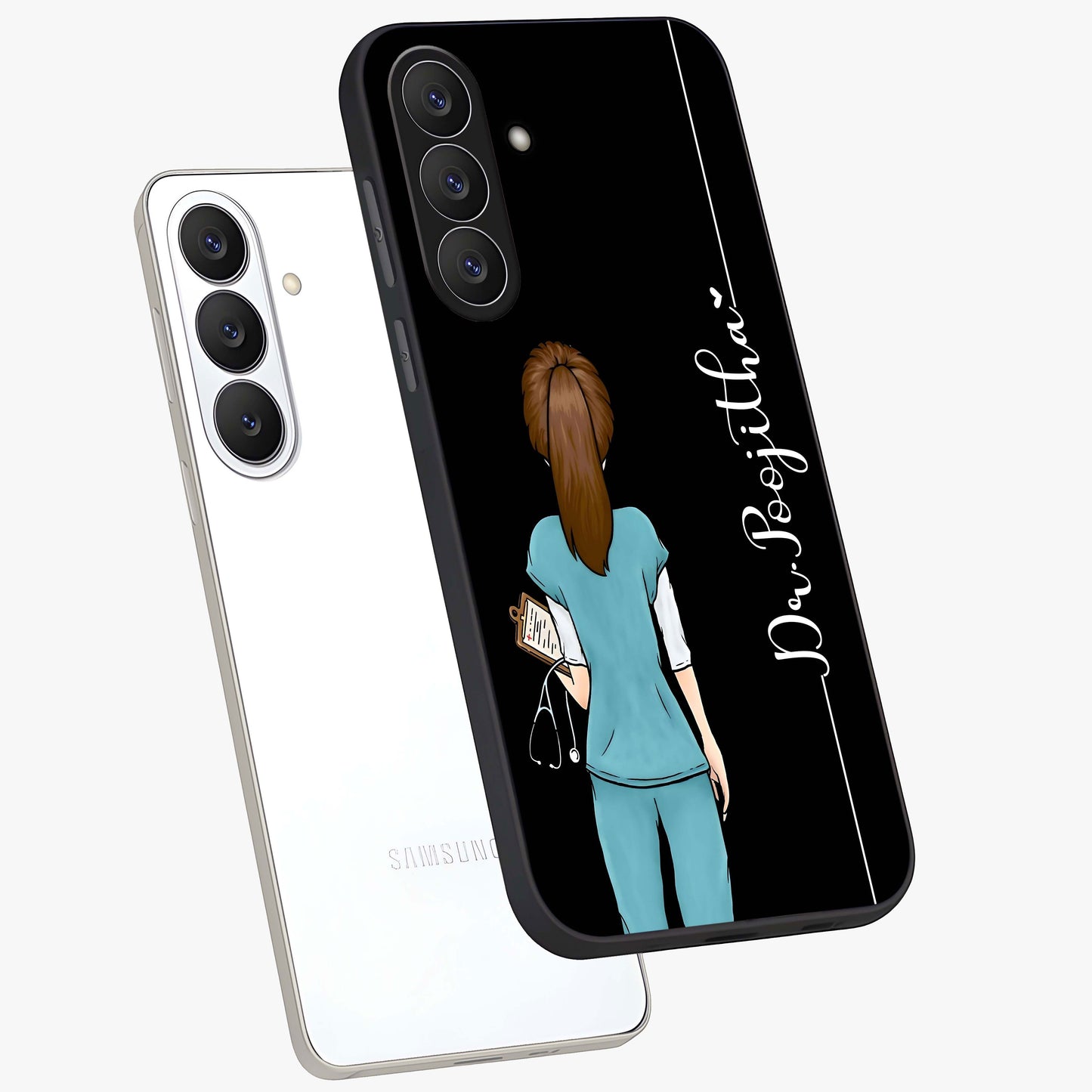 Doctor Pattern Custom Name Glass Case displayed in angled mockup highlighting doctor inspired artwork with custom name feature.