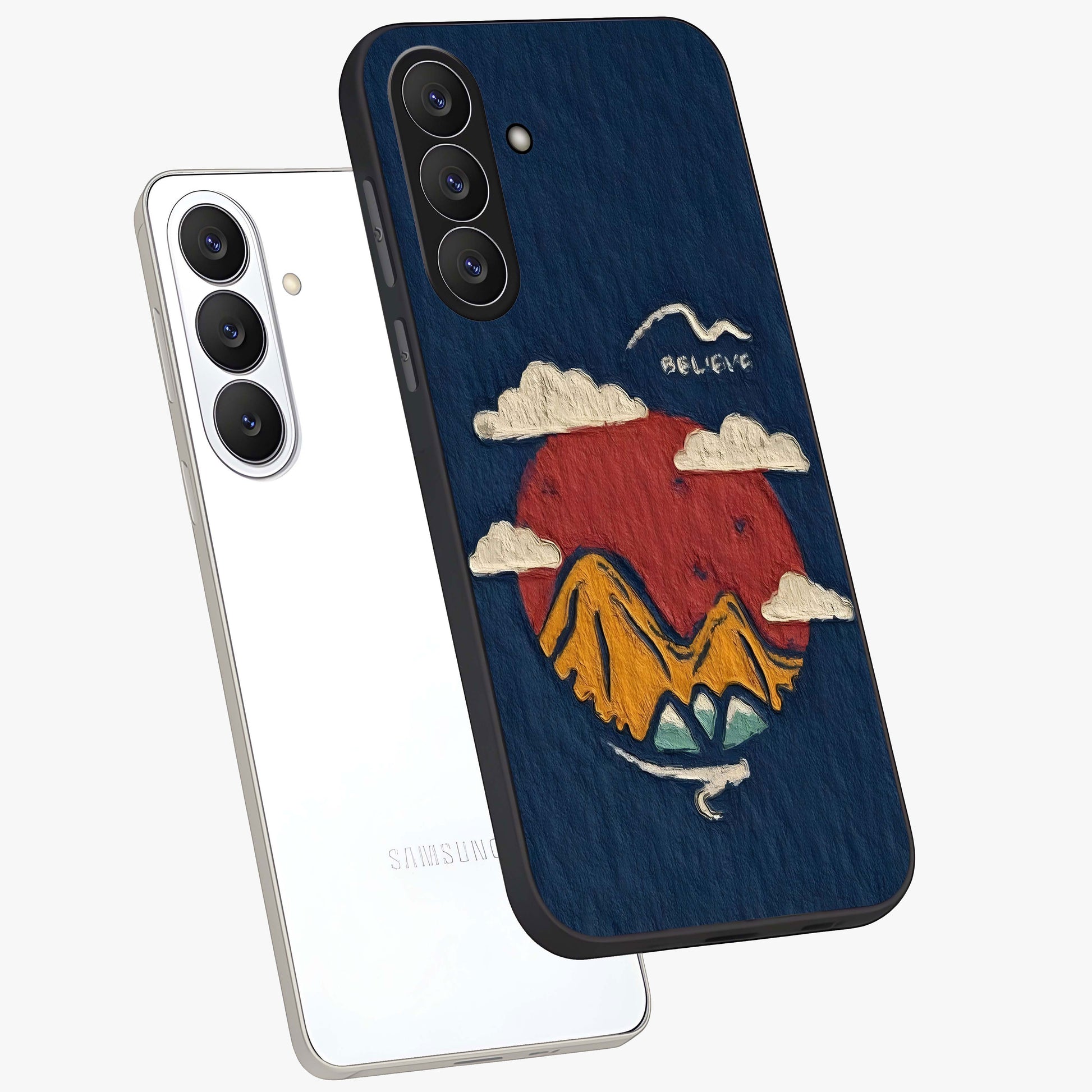 Dream Beyond Mountains Glass Case displayed in angled mockup highlighting dreamy mountain illustration with peaceful aesthetic.