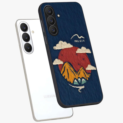 Dream Beyond Mountains Glass Case displayed in angled mockup highlighting dreamy mountain illustration with peaceful aesthetic.