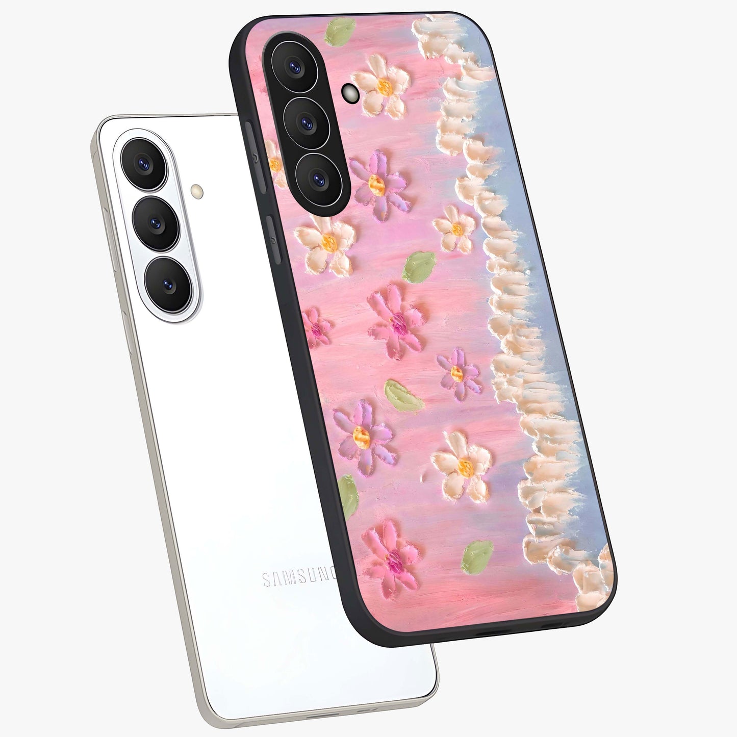 Dreamy Painted Garden Glass Case displayed in angled mockup highlighting colorful garden illustration with dreamy aesthetic style.