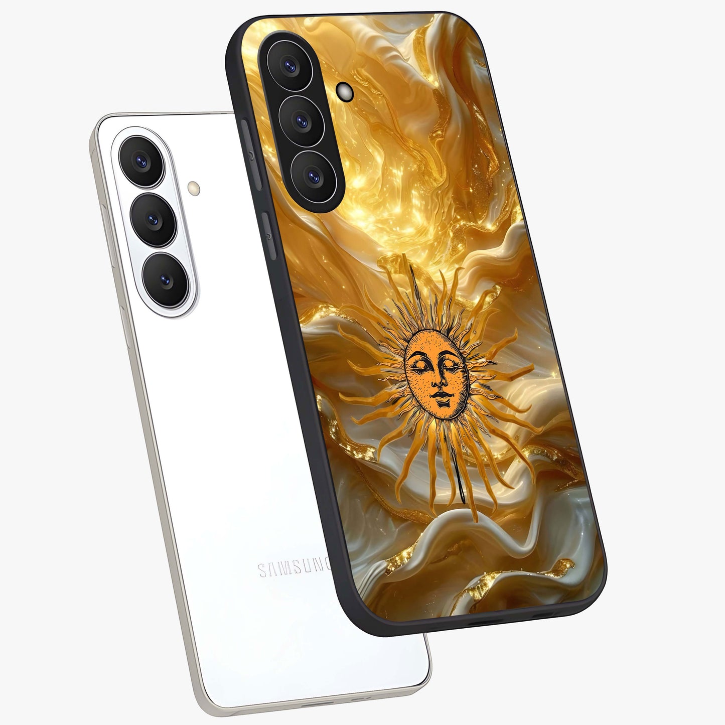Eternal Golden Glow Glass Case displayed in angled mockup highlighting glowing golden aesthetic design with elegant style.