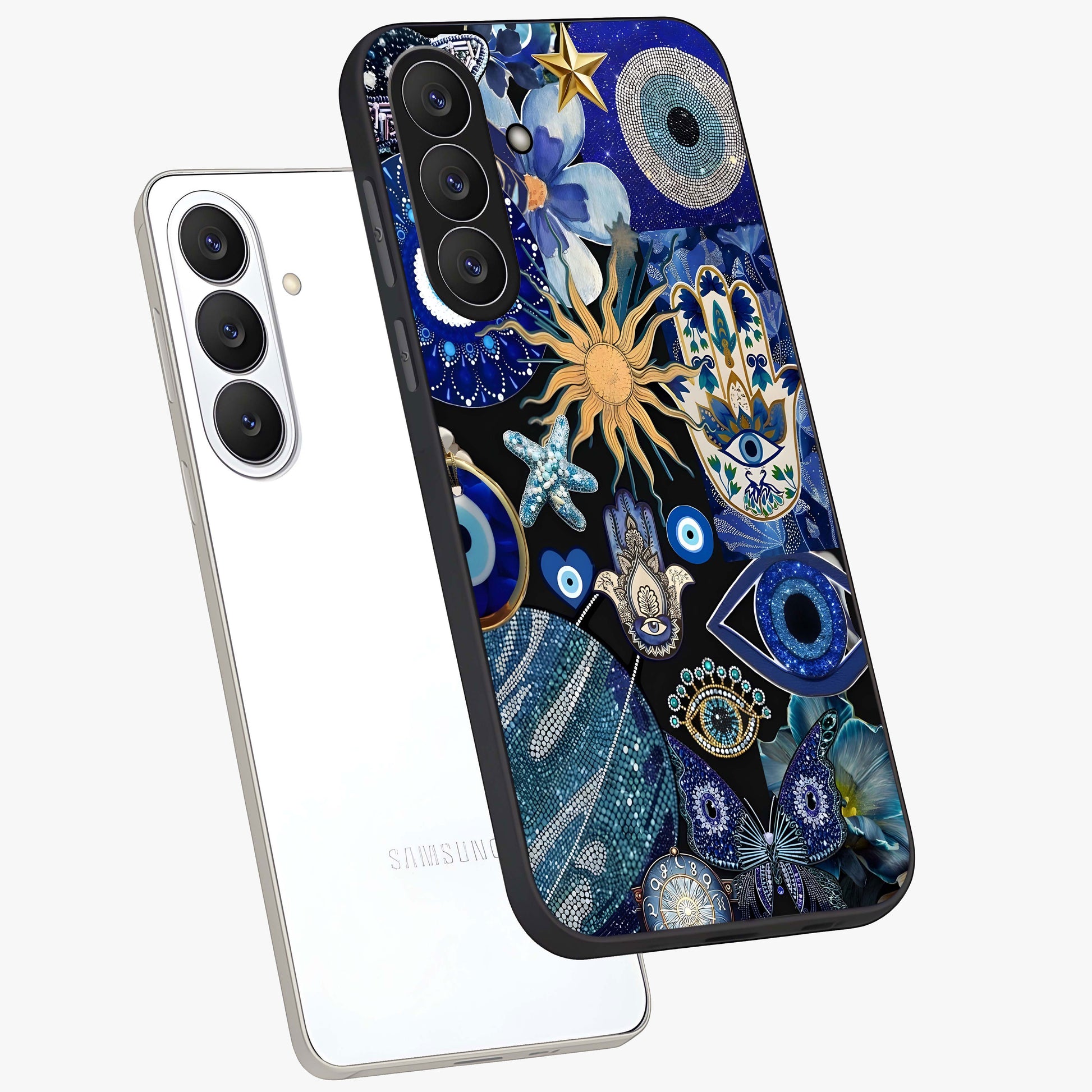 Evil Eye Charm Mix Glass Case displayed in angled mockup highlighting protective evil eye symbols with spiritual aesthetic design.