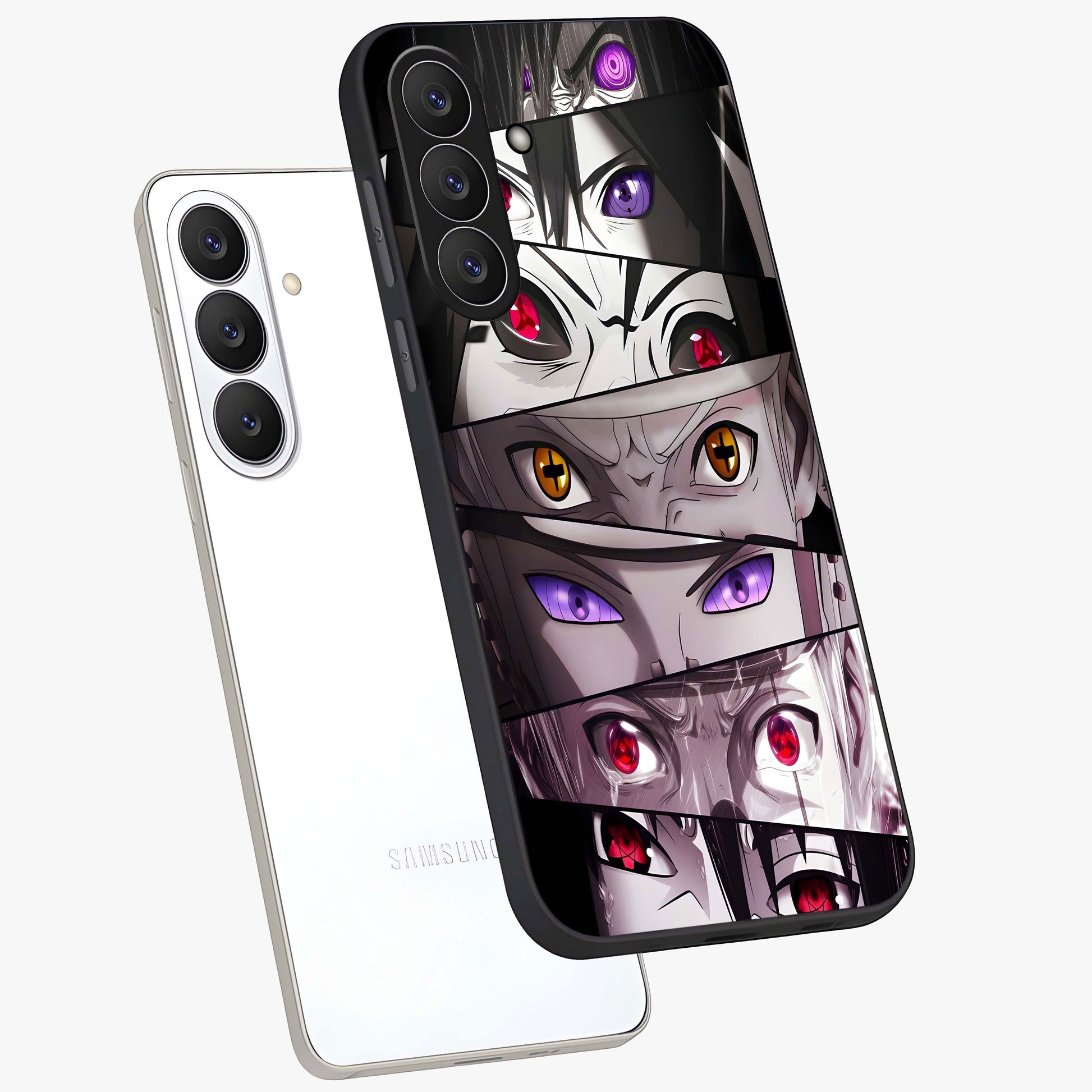 Eyes of Destiny Glass Case displayed in angled mockup highlighting bold eye illustration with mystical aesthetic style.
