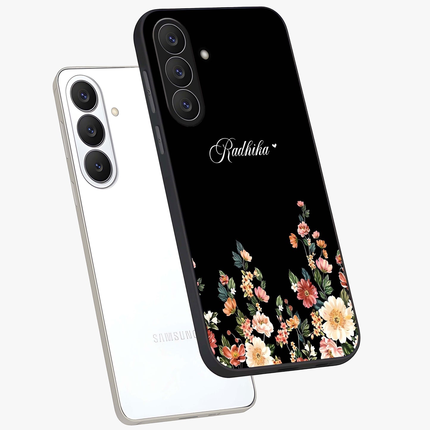 Floral Design With a Custom Personalized Name Glass Case displayed in angled mockup highlighting elegant floral pattern with custom name feature.