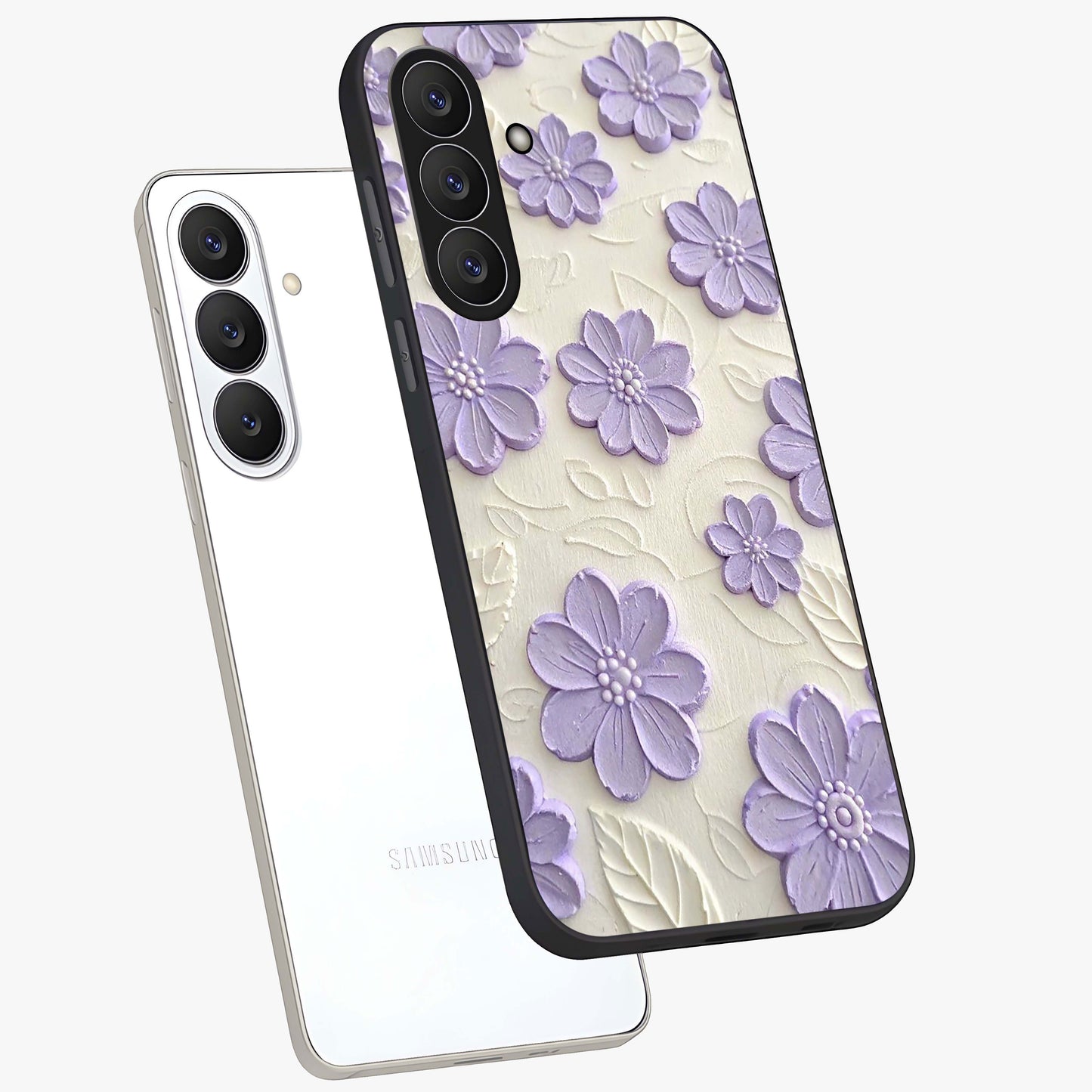 Floral Wall Art With Purple Flowers Glass Case displayed in angled mockup highlighting vibrant purple floral illustration with artistic aesthetic.
