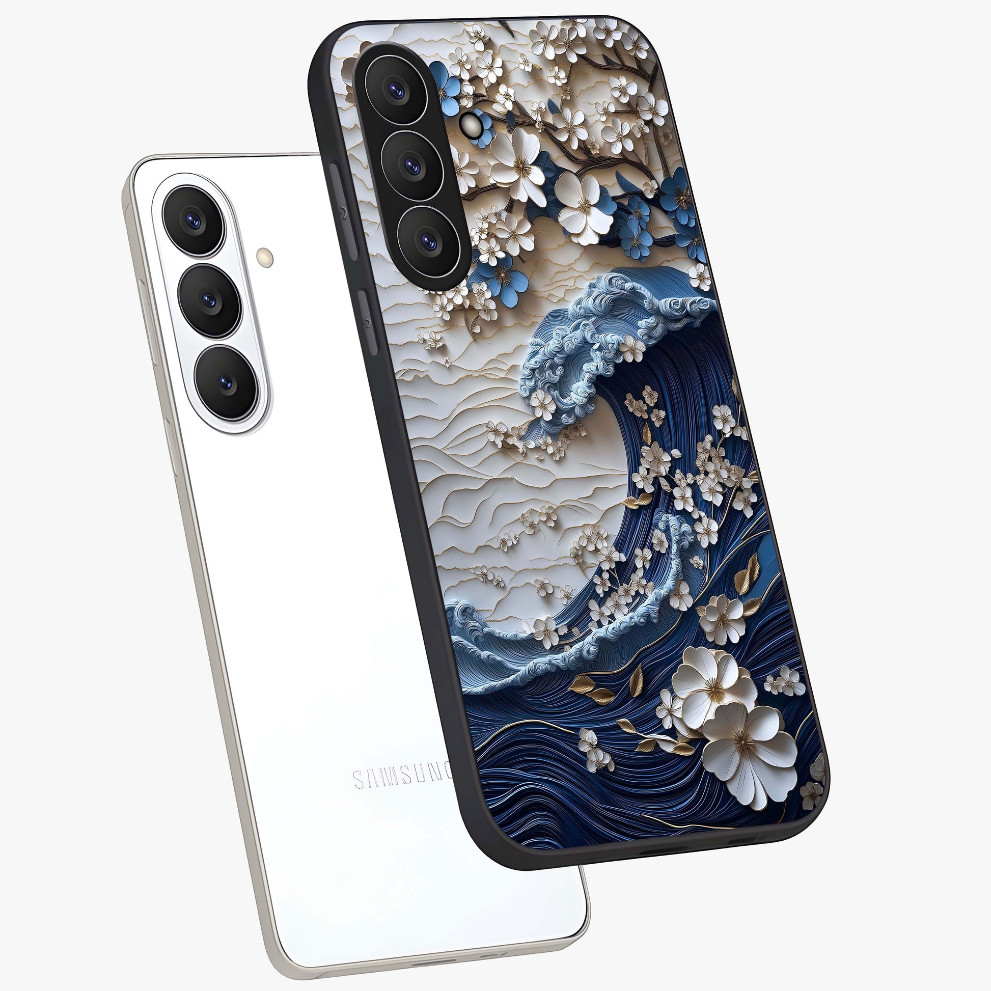 Floral Wave Origami Glass Case displayed in angled mockup highlighting geometric origami flower design with modern aesthetic style.