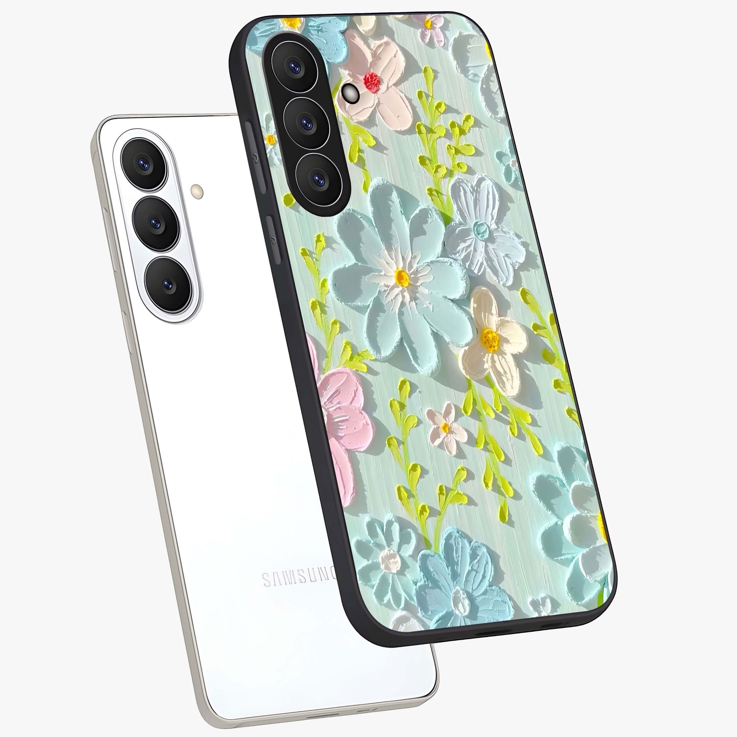 Frosted Petal Garden Glass Case displayed in angled mockup highlighting delicate flower petal design with calm garden aesthetic.