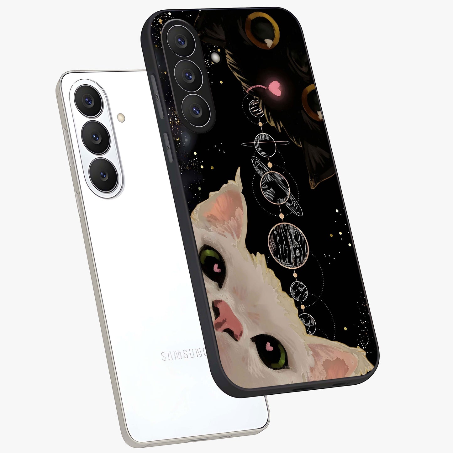 Galactic Cat Glass Case displayed in angled mockup highlighting celestial feline illustration with galaxy aesthetic style.