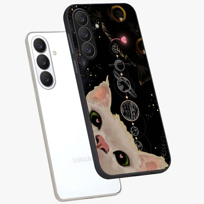 Galactic Cat Glass Case displayed in angled mockup highlighting celestial feline illustration with galaxy aesthetic style.