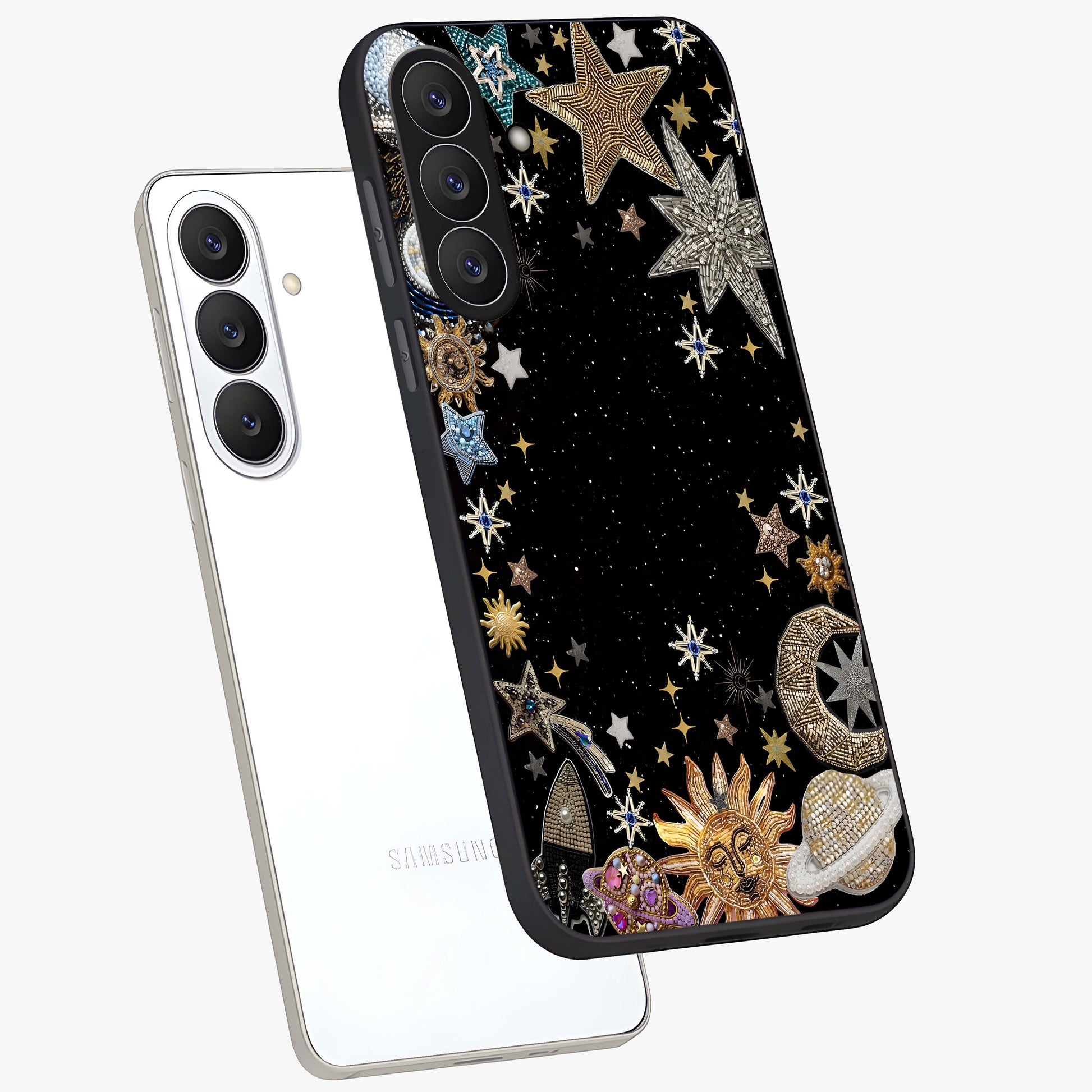 Galactic Jewel Stars Glass Case displayed in angled mockup highlighting shining celestial star design with cosmic aesthetic style.