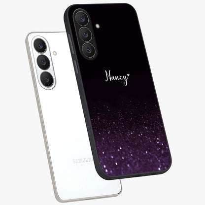 Glittery Purple Bokeh Custom Name Glass Case displayed in angled mockup highlighting glitter bokeh pattern with custom name feature.