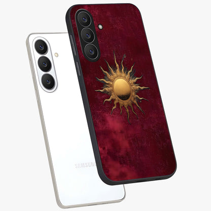 Golden Sun Minimalism Glass Case displayed in angled mockup highlighting clean sun symbol design with modern minimal aesthetic.
