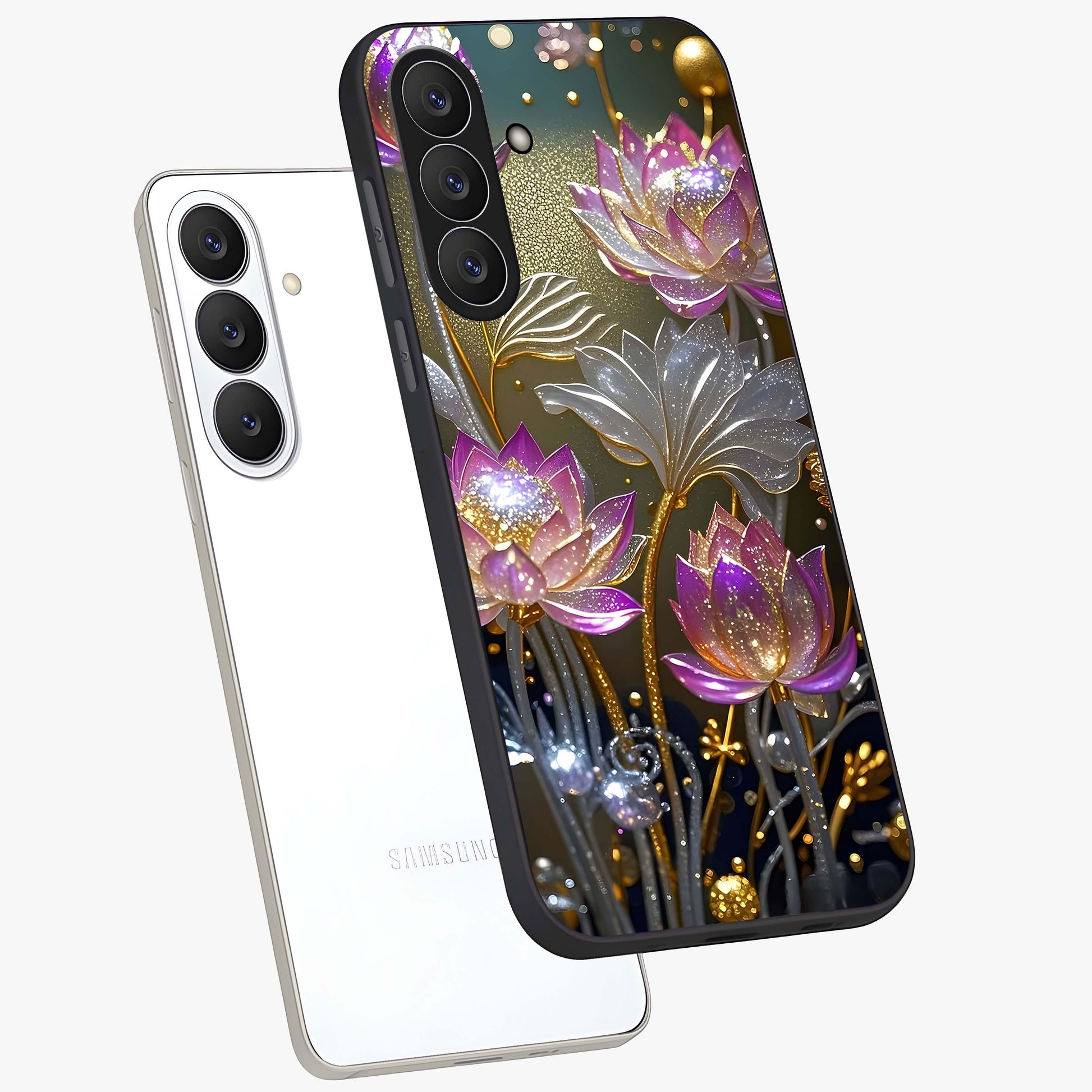 Golden Floral Majesty Glass Case displayed in angled mockup highlighting elegant flower design with royal golden aesthetic.
