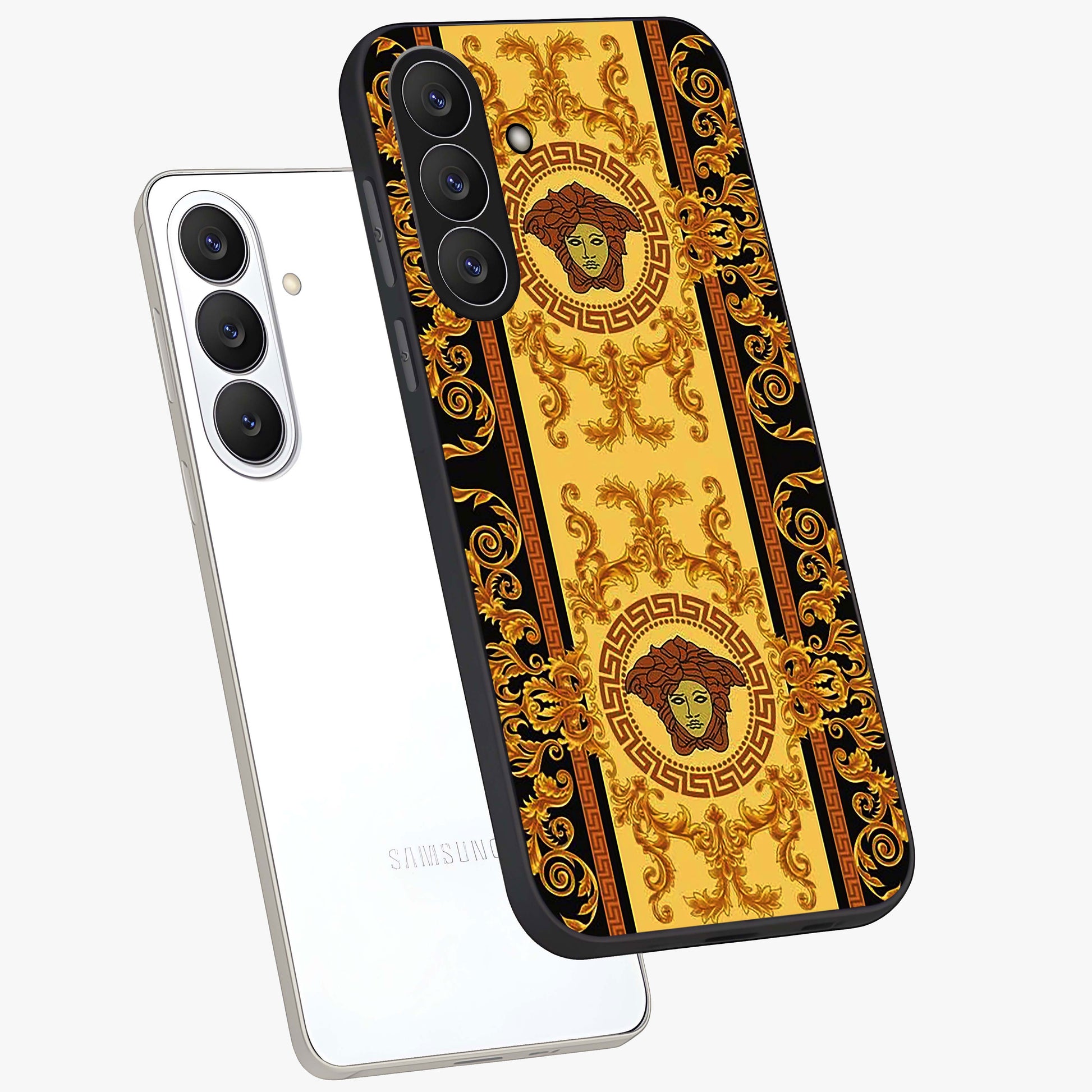 Golden Lotus Glow Glass Case displayed in angled mockup highlighting radiant lotus illustration with spiritual aesthetic.