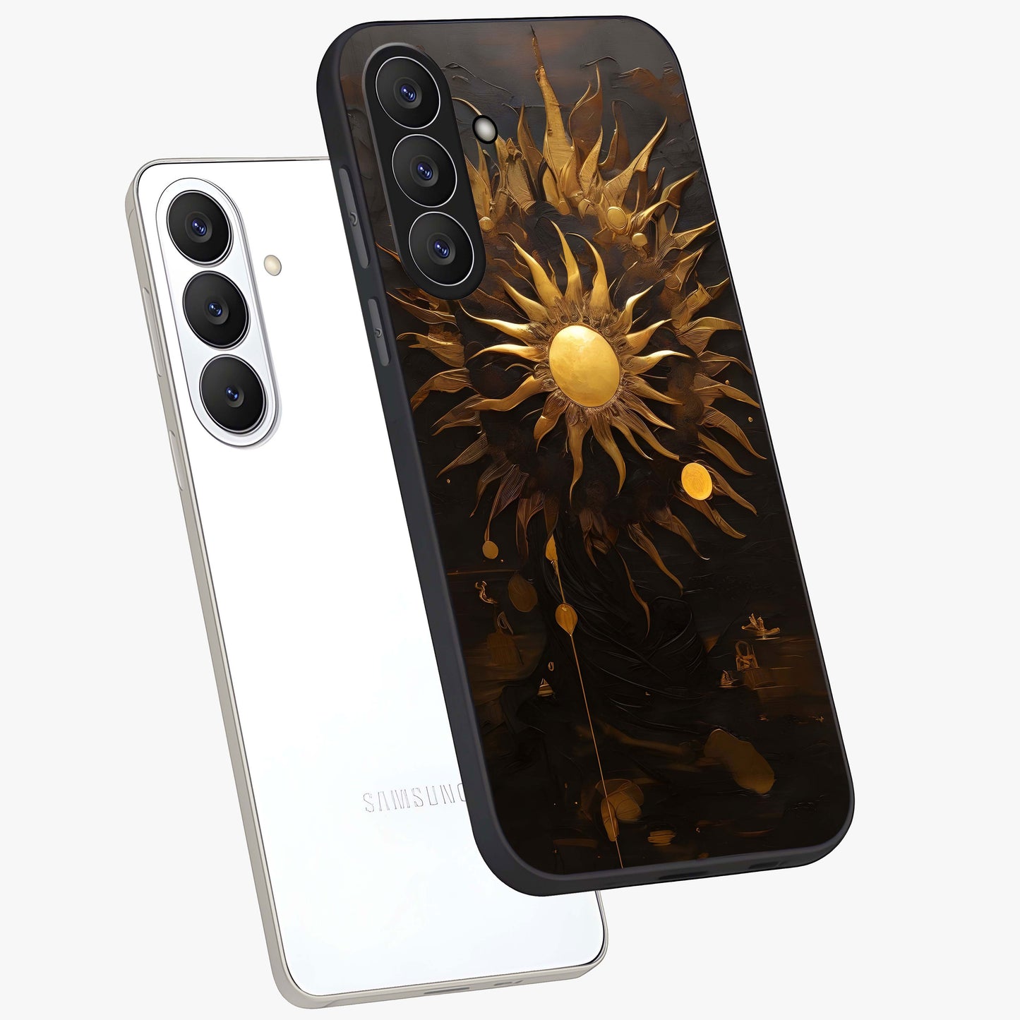 Golden Sun Majesty Glass Case displayed in angled mockup highlighting eerie shadow illustration with gothic aesthetic.