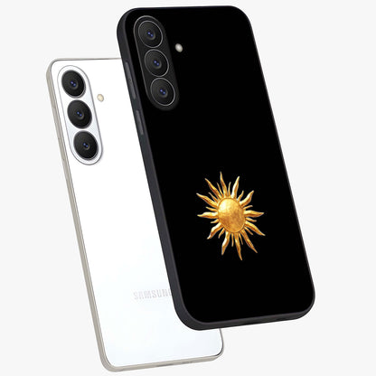 Golden Sun Minimalism Glass Case displayed in angled mockup highlighting eerie shadow illustration with gothic aesthetic.