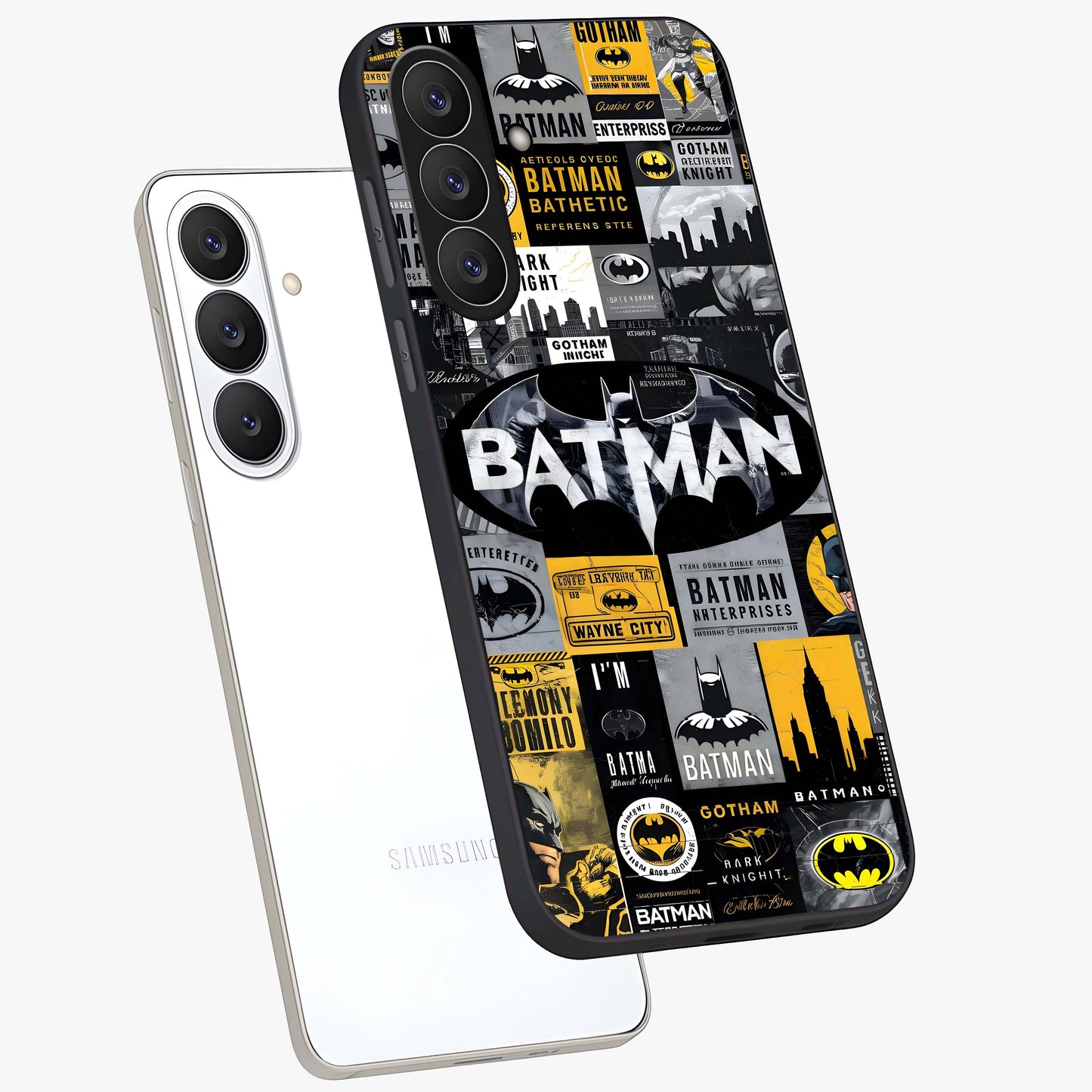Knight Gotham Rise Glass Case displayed in angled mockup highlighting powerful knight silhouette design with dramatic aesthetic.