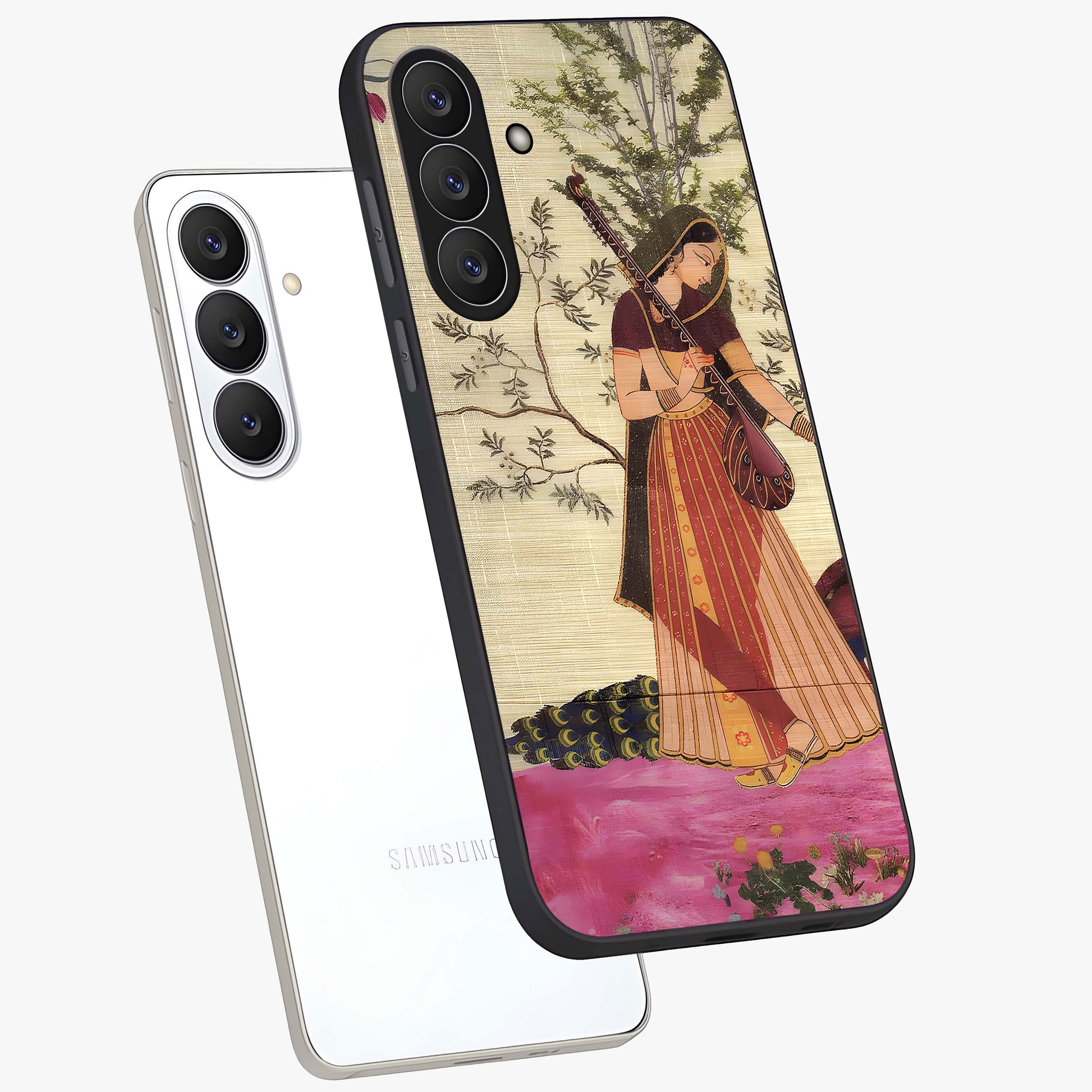 Lady With Veena Art Glass Case displayed in angled mockup highlighting graceful musical illustration with cultural artistic aesthetic.