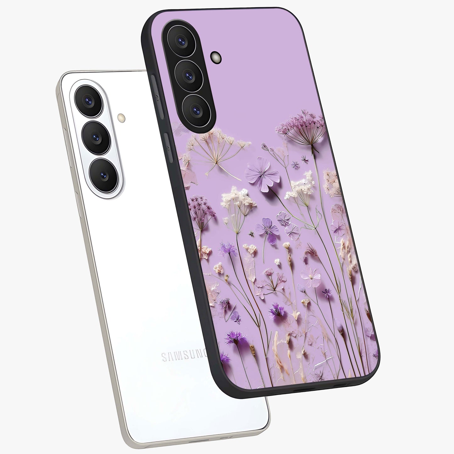 Lavender Blossom Dream Glass Case displayed in angled mockup highlighting dreamy lavender flower design with calming aesthetic style.