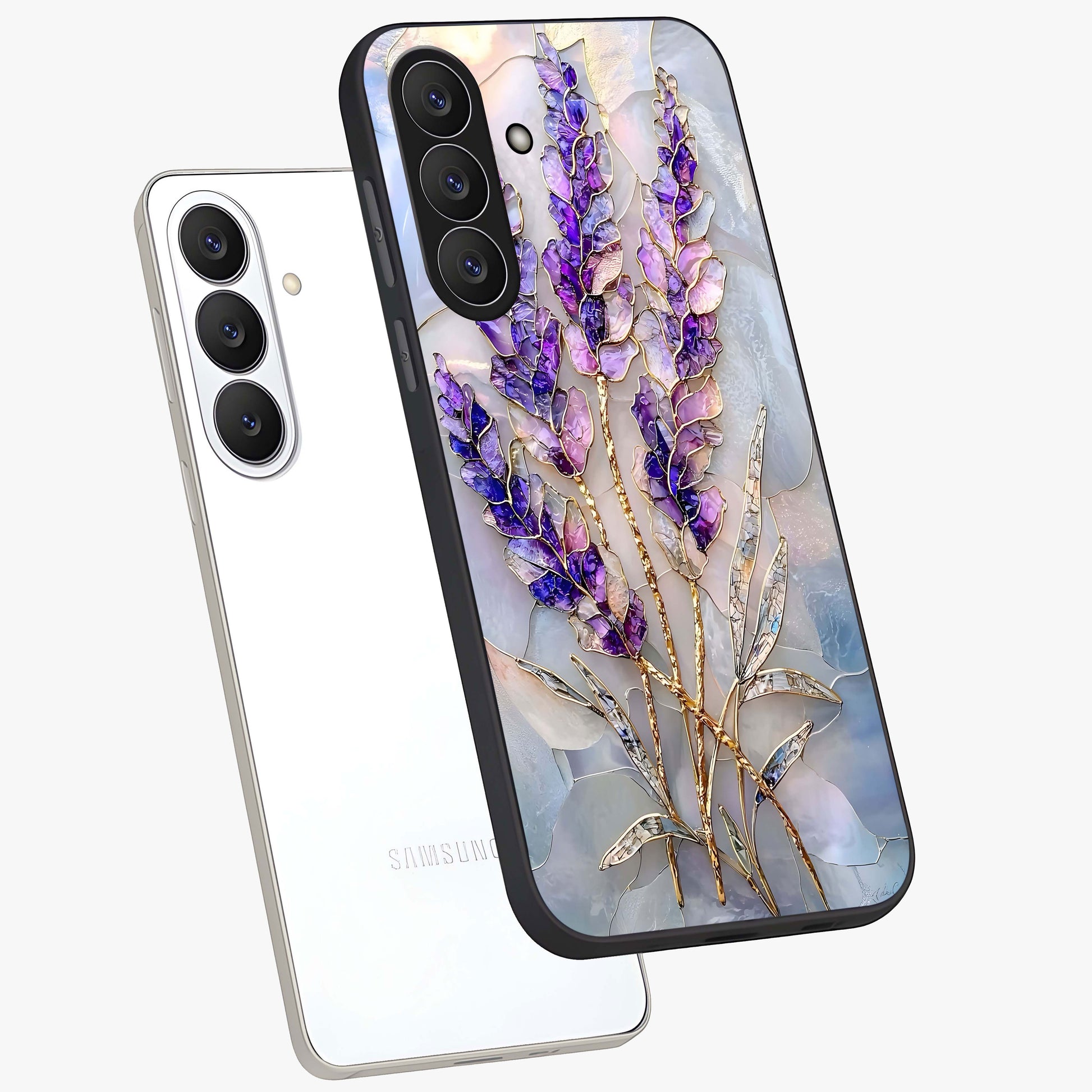 Lavender Dream Glow Glass Case displayed in angled mockup highlighting dreamy purple glow design with soft artistic style.
