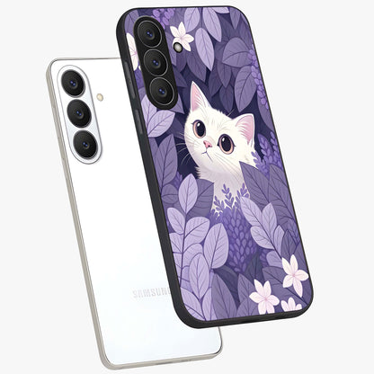 Lilac Hide Peek Cat Glass Case displayed in angled mockup highlighting playful feline illustration with lilac aesthetic design.