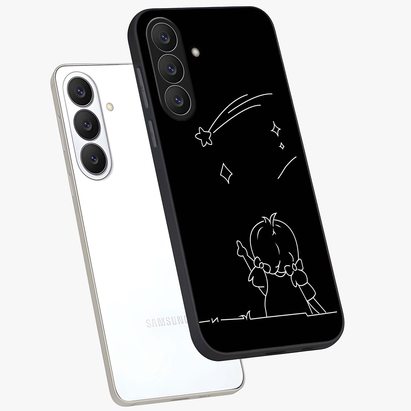 Line Art Girl With Shooting Stars Glass Case displayed in angled mockup highlighting elegant line art design with dreamy star aesthetic.