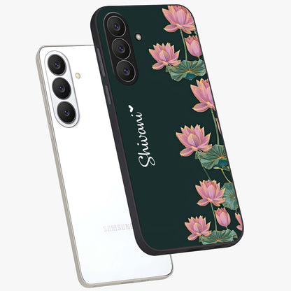 Lotus Bloom Serenity Custom Name Glass Case displayed in angled mockup highlighting graceful lotus illustration with custom name feature.