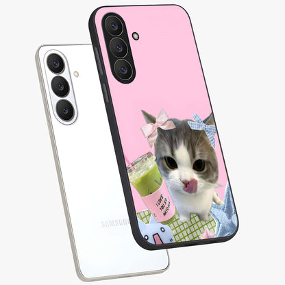 Love Matcha Cat Glass Case displayed in angled mockup highlighting playful feline illustration with cozy matcha aesthetic.