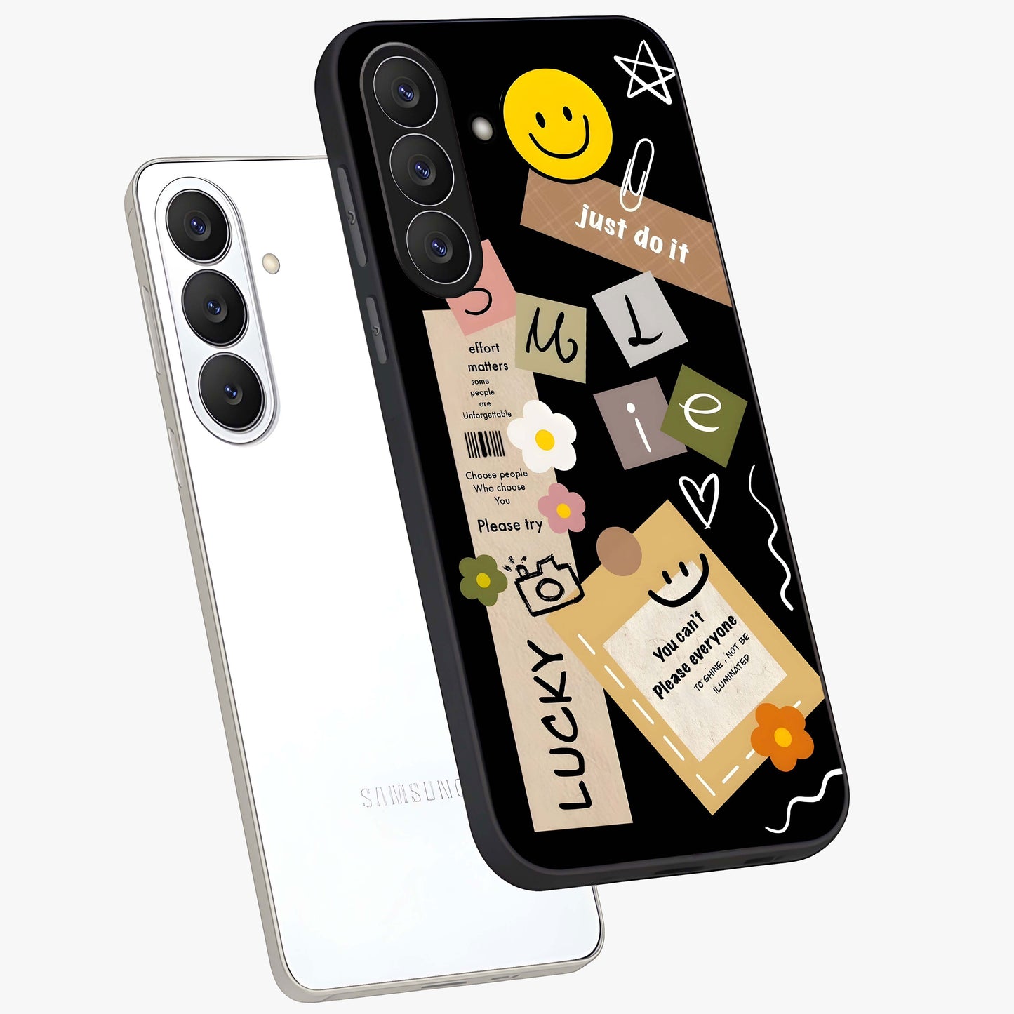 Lucky Aesthetic Collage Glass Case displayed in angled mockup highlighting stylish collage pattern with modern aesthetic vibe.
