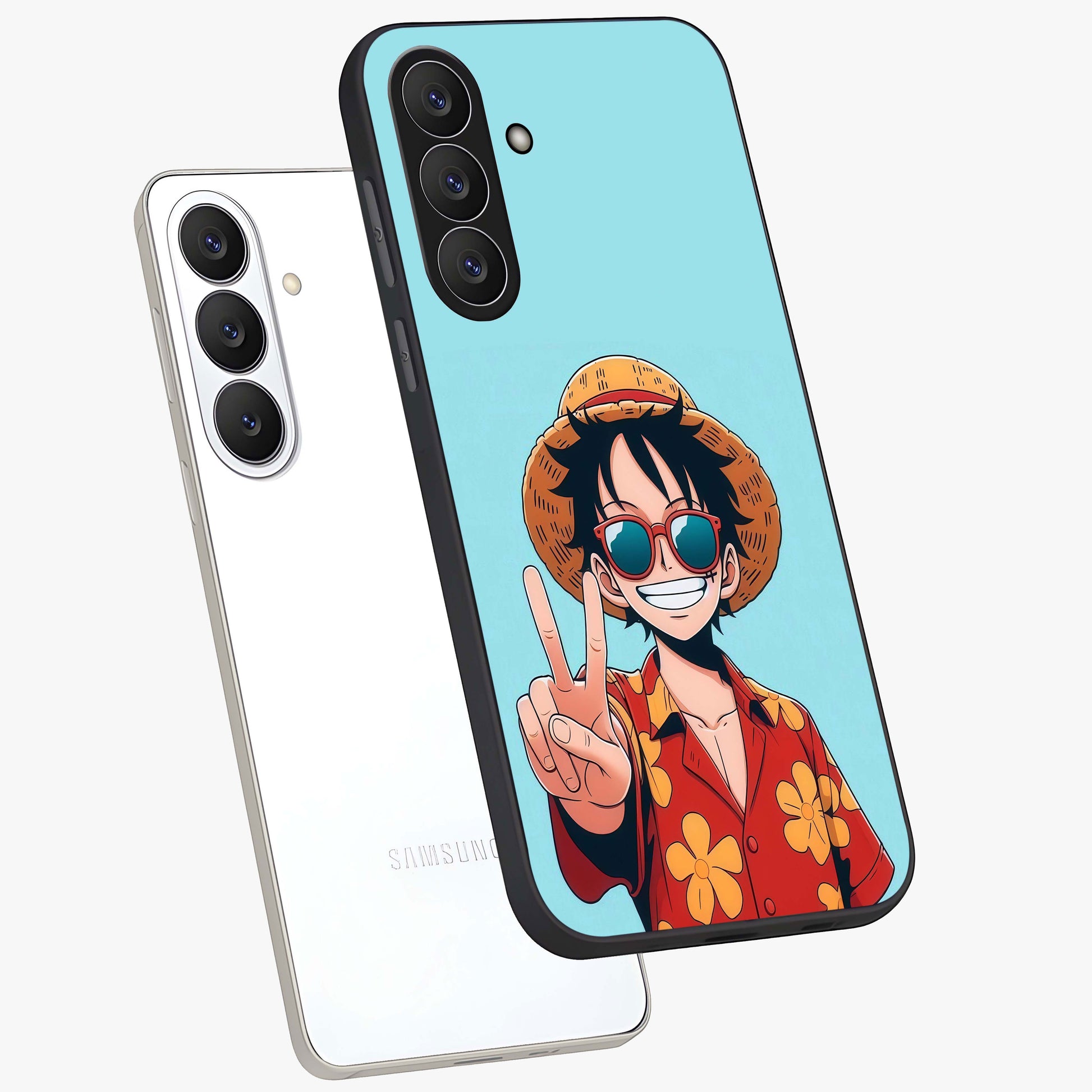 Luffy Summer Anime Vibe Glass Case displayed in angled mockup highlighting energetic anime illustration with summer vibe aesthetic.